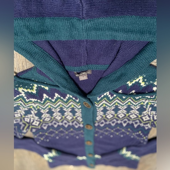❄️ Eddie Bauer, Medium, Blue Hooded Knit Button Down Jacket ❄️ - Picture 4 of 6